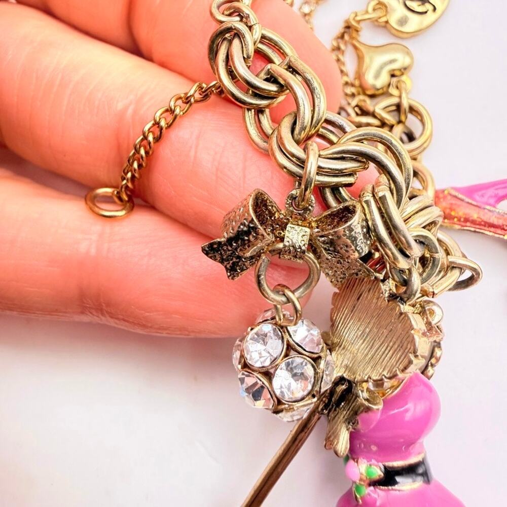Betsey Johnson BROKEN Charm Bracelet Pink Heel Heart Wand Goldtone Crystal AS-IS - Picture 3 of 5